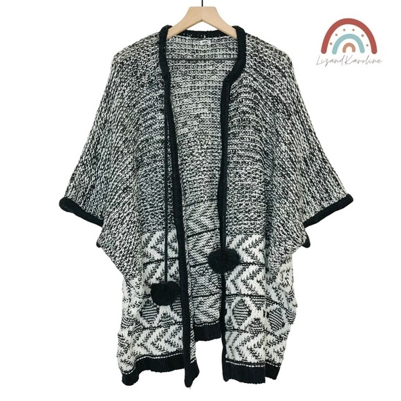 New! Aerie Wool Chunky Knit Pom Pom Oversized Poncho Open Front Sweater Cape - Picture 1 of 14